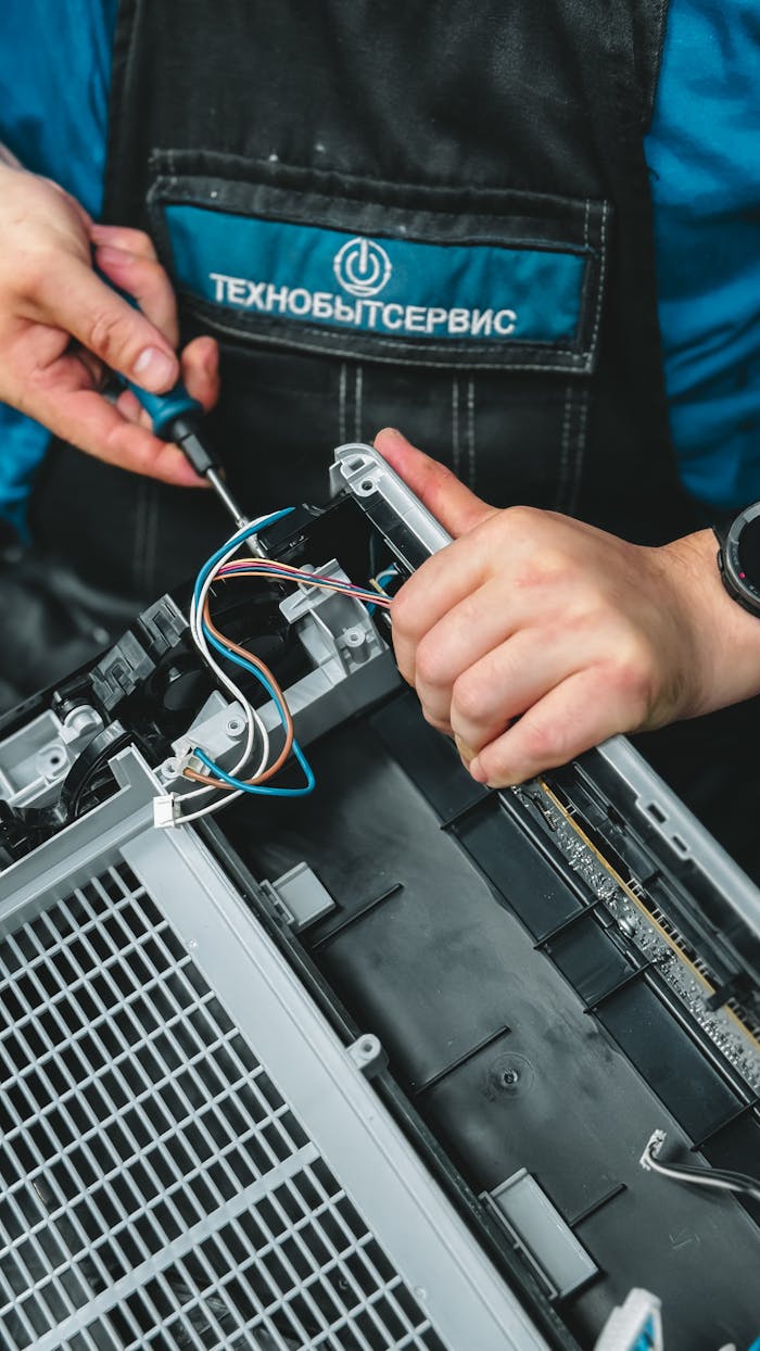 Home Close-up of technician repairing a device, showcasing wiring and tools, ideal for tech and repair themes.