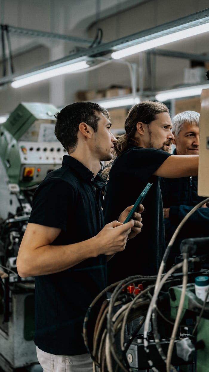 Services Engineers collaborating in an advanced manufacturing facility, focusing on machinery operations.