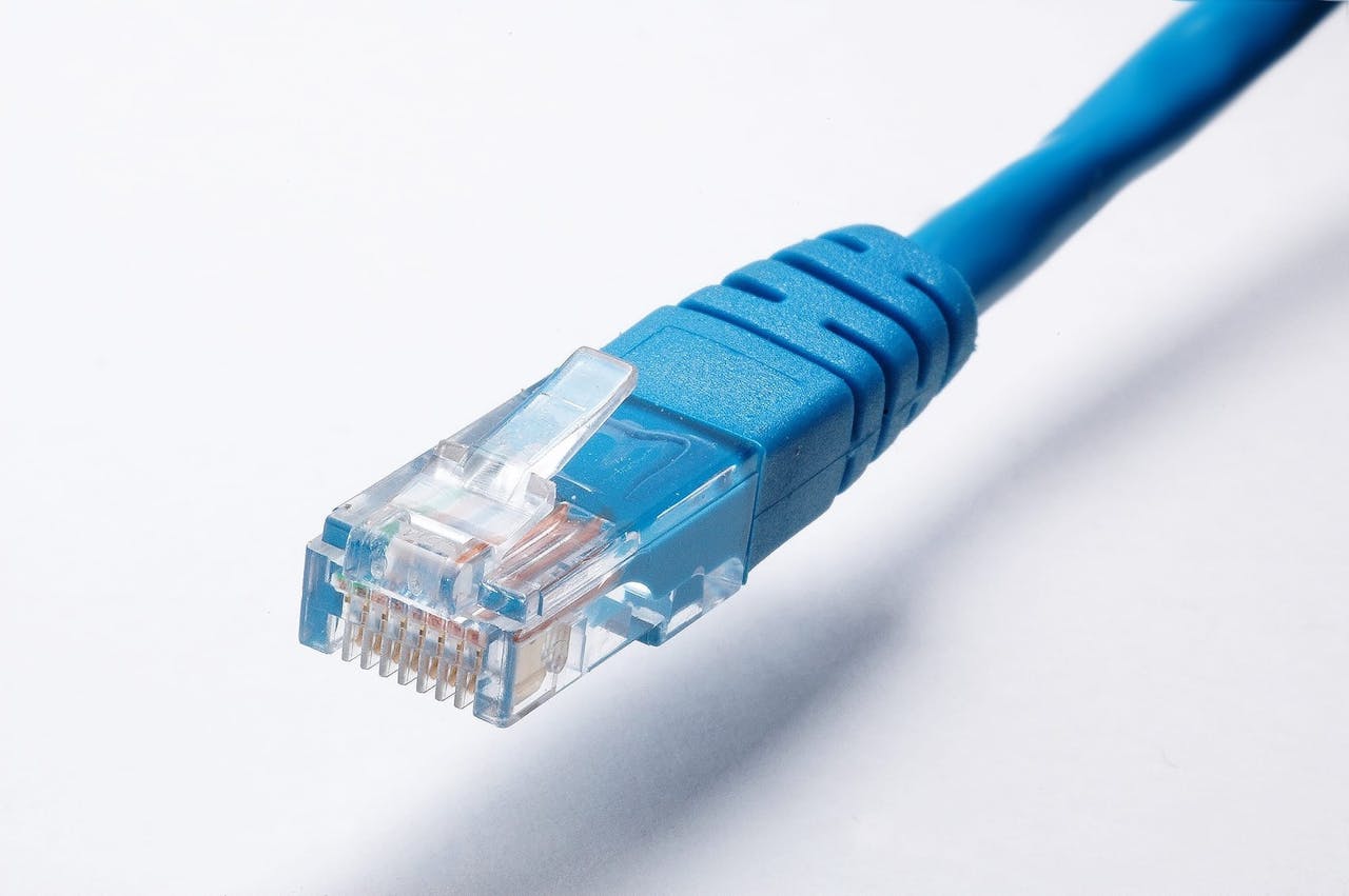 Home High-quality image of a blue Ethernet cable plug on a white background, ideal for tech themes.